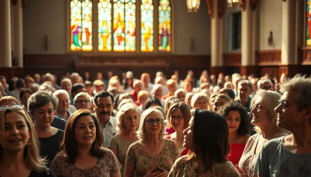 Sunday worship service with diverse congregation