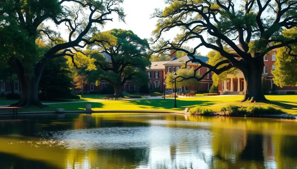 scenic campus with historic oaks and quarry lake