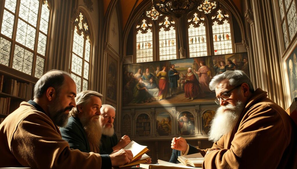 A cathedral-like interior, sunlight filtering through ornate stained glass windows, casting a warm, reverent glow. In the foreground, a group of Spanish reformers deep in scholarly discussion, their faces etched with determination. Bookshelves and parchments line the walls, hinting at the intellectual legacy they are shaping. In the background, a mural depicting scenes of religious upheaval and social change, a visual representation of the profound impact these figures have had on the nation's spiritual and political landscape. The scene exudes a sense of historical significance, capturing the pivotal moment when these reformers stood at the vanguard of a religious revolution that would echo through the centuries.