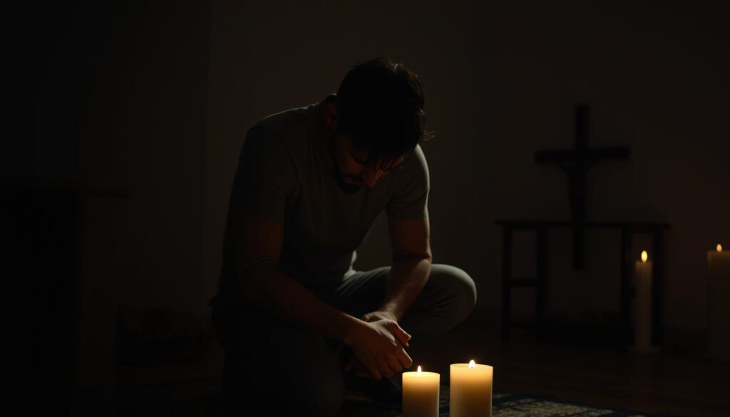 A despondent figure sits hunched in a dimly lit room, shoulders slumped under the weight of unrelenting religious guilt. Shadows cast by flickering candlelight create an oppressive atmosphere, highlighting the subject's inner turmoil. The room is sparsely furnished, with a simple wooden cross on the wall serving as a poignant reminder of the source of this individual's anguish. Muted earth tones and a somber color palette evoke a sense of heaviness and despair, while the figure's pained expression conveys the profound impact of religious guilt on their daily life.