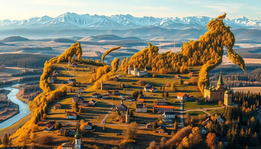 A detailed map of Russia showcasing the regional distribution of Protestant communities, bathed in warm, golden light. In the foreground, clusters of houses and churches representing the diverse Protestant denominations, each with its unique architectural style. The middle ground features rolling hills, forests, and winding rivers, conveying the vast, expansive landscape of the Russian countryside. In the background, snow-capped mountains rise majestically, creating a sense of grandeur and timelessness. The overall scene evokes a harmonious blend of the spiritual and the natural, reflecting the growth and influence of Protestantism within the regional tapestry of Russia.