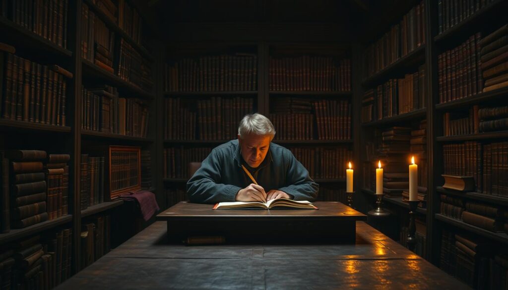 A dimly lit 17th century study, shelves of leather-bound books lining the walls. At the center, a Protestant scholar sits hunched over a large wooden desk, quill in hand, meticulously recording his thoughts on the nature of labor and divine purpose. Soft candlelight casts a warm glow, highlighting the pensive expression on his face. The room is thick with an atmosphere of scholarly introspection, a visual representation of the origins of the Protestant work ethic. High contrast lighting emphasizes the gravity of the scene, while muted tones evoke a sense of historical weight. The composition draws the viewer's eye to the focal point of the scholar, capturing the intellectual foundations of this influential belief system.