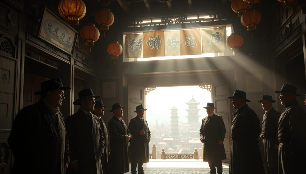 A dimly lit 19th century Chinese temple, ornate with intricate carvings and hanging lanterns. In the foreground, a group of Protestant missionaries stand solemnly, dressed in traditional western attire of the era - frock coats, high collars, and pith helmets. Their expressions are pensive, as they gaze upon the unfamiliar cultural landscape. Sunlight filters through the temple's doorway, casting a warm glow and creating dramatic shadows. The background is hazy, with the distant silhouettes of pagodas and rooftops, suggesting the bustling city beyond. An air of cultural intersection and discovery permeates the scene, capturing the essence of early Protestant missionary work in China.