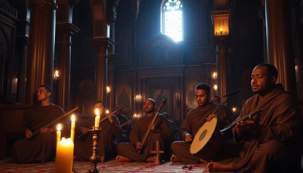 A dimly lit Ethiopian church interior, with intricate carved wooden columns and ornate religious iconography adorning the walls. In the foreground, a group of robed musicians sit cross-legged, playing traditional instruments like the one-stringed masinko, the double-reed wind instrument, and the large, round-shaped drum. Their faces are serene, eyes closed, as they lose themselves in the rhythmic, ethereal melodies of the ancient Mezmur hymns. The soft, flickering candlelight casts a warm, sacred glow, evoking a sense of timeless, spiritual devotion. The overall atmosphere is one of deep reverence and contemplative solemnity.