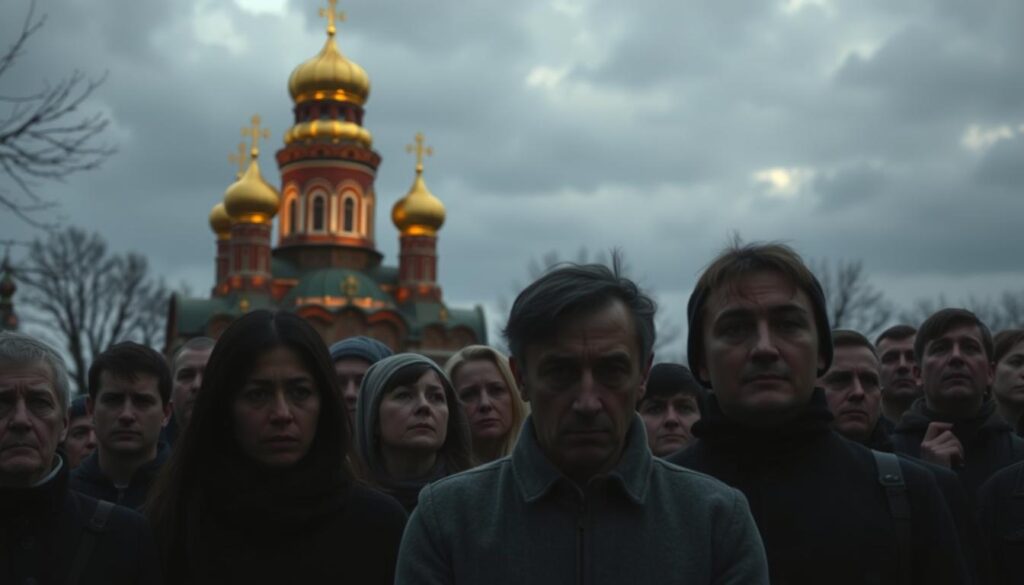 A dimly lit Orthodox church, its golden onion domes casting a warm glow against a cloudy Russian sky. In the foreground, a group of Protestant worshippers gathers nervously, their faces etched with uncertainty as they navigate the legal challenges to their religious freedom. The scene conveys a sense of tension and unease, with the imposing presence of the church looming over the congregants, symbolizing the complex relationship between the state and minority faiths. The image is rendered in a realistic style, with muted tones and subtle details that evoke the somber mood of the subject matter.