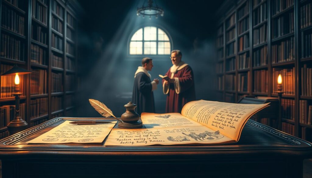 A dimly lit library interior, bookshelves lining the walls, casting soft shadows. In the foreground, an ornate wooden desk with a quill, inkwell, and aged parchment. A single beam of light illuminates the desk, revealing handwritten notes and sketches depicting humorous religious scenes from throughout history. In the middle ground, two figures in scholarly robes engaged in lively discussion, their expressions reflecting the playful nature of the subject matter. The background is filled with a hazy, dreamlike quality, suggesting the passage of time and the rich tapestry of faith-based humor that has evolved over the centuries.