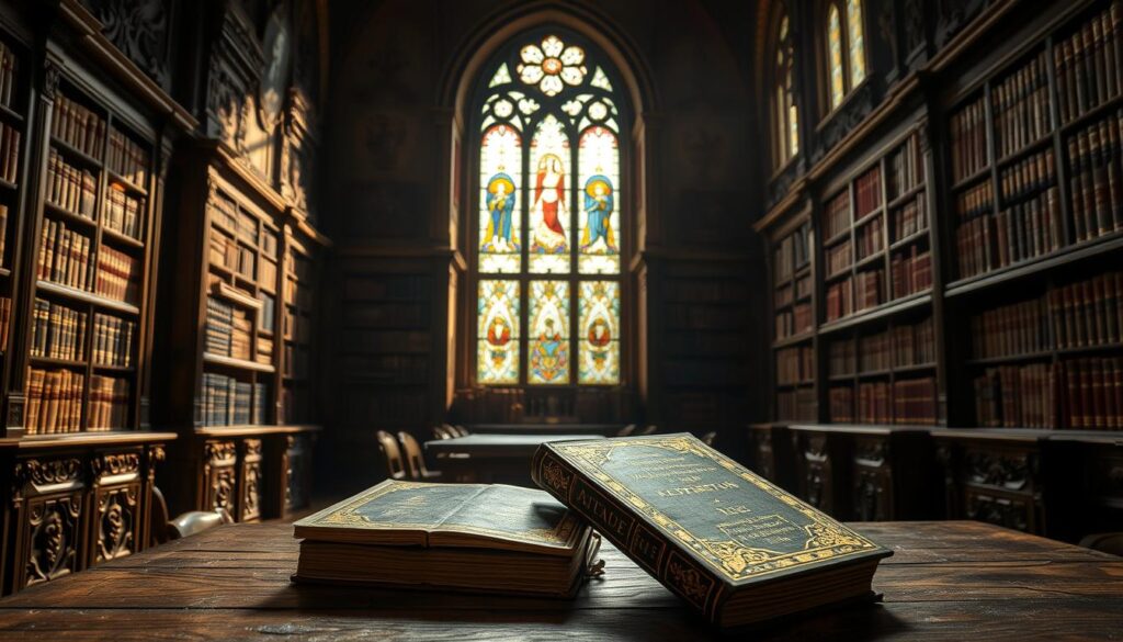 A dimly lit library interior, the shelves adorned with aged leather-bound volumes on Protestant theology. Sunlight filters through stained glass windows, casting a warm glow on the intricate woodcarvings and ornate furniture. In the foreground, a collection of 16th-century Spanish Reformation books, their covers emblazoned with intricate designs and faded gold lettering, sit atop a worn wooden table. The scene evokes a sense of scholarly contemplation and the quiet triumph of the Reformist movement taking root in the Iberian Peninsula.