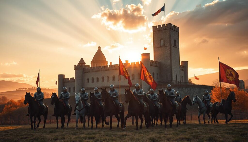 A grand castle of weathered stone stands tall against a backdrop of rolling hills, its towers and ramparts casting long shadows in the golden light of a setting sun. In the foreground, a squadron of Protestant knights, their armor gleaming, ride forth on proud steeds, banners snapping in the crisp autumn breeze. The scene exudes a sense of power, faith, and legacy - a testament to the remarkable story of these noble warriors who shaped the course of history. Soft beams of light filter through clouds, lending an air of reverence to the moment. The composition captures the essence of the Brandenburg region, where these knights rose to prominence, their deeds echoing through the ages.