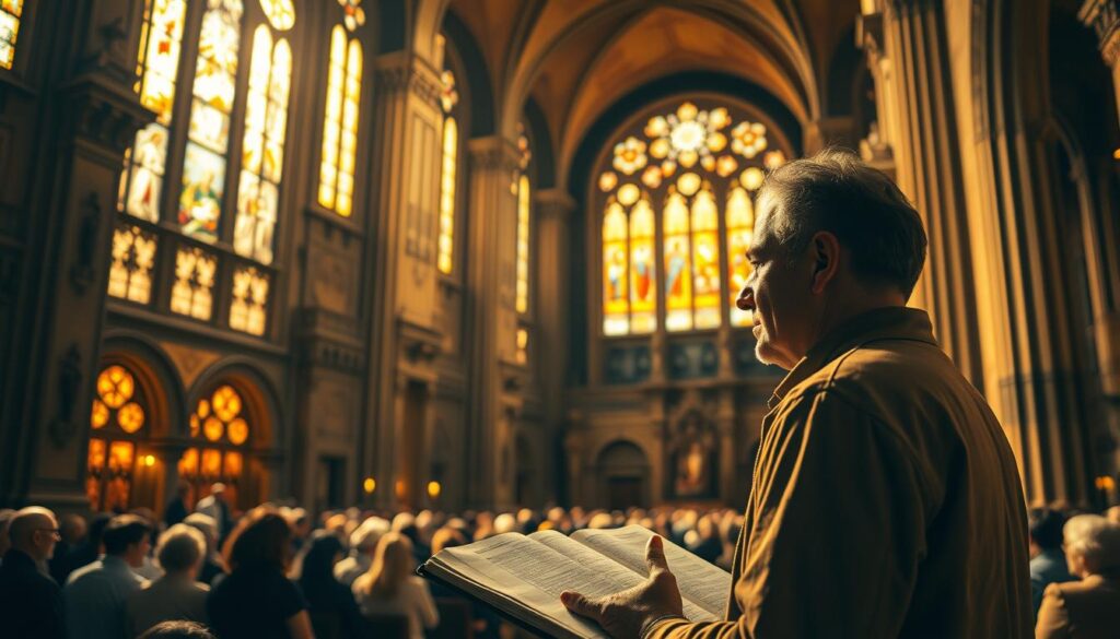 A grand cathedral interior, bathed in warm, golden light filtering through stained glass windows. In the foreground, a lone figure stands in contemplation, hand on an open Bible, brow furrowed in deep thought. The middle ground reveals a congregation gathered, heads bowed, seeking spiritual guidance. In the background, towering arched ceilings and ornate religious iconography evoke a sense of reverence and authority. The atmosphere is one of solemn introspection, as the viewer is drawn into the contemplation of fundamental biblical questions and the search for deeper meaning.