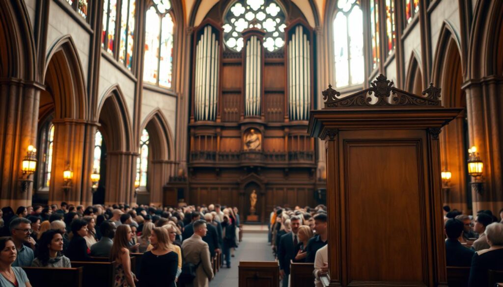 A grand cathedral interior, illuminated by the warm glow of stained-glass windows. In the foreground, a prominent pulpit stands as a symbol of the Protestant Reformation, with intricate carvings and a simple, unadorned design. In the middle ground, a congregation of worshippers, their faces filled with reverence and contemplation. In the background, a towering organ pipes reach towards the vaulted ceiling, a testament to the musical tradition of Protestantism. The overall scene evokes a sense of historical significance, a pivotal moment in the religious and cultural landscape.