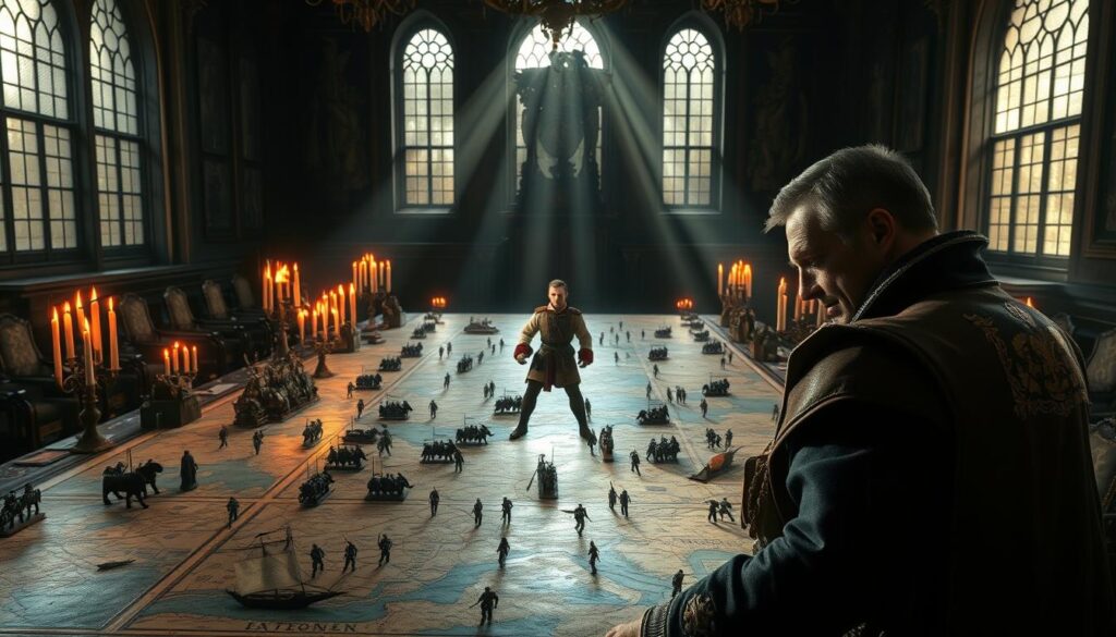 A grand table in a dimly lit war room, covered in a detailed map of Europe. Candles flicker, casting warm shadows across the surface. Figures representing armies and navies are strategically placed, hinting at ongoing campaigns. In the foreground, a commander examines battle plans, brow furrowed in concentration. The air is thick with the weight of history and the urgency of empire-building. Rays of sunlight pierce through high windows, illuminating the choices that will shape the fate of nations. This is the world of Europa Universalis, where mastering Protestantism is the key to expansion and dominance.