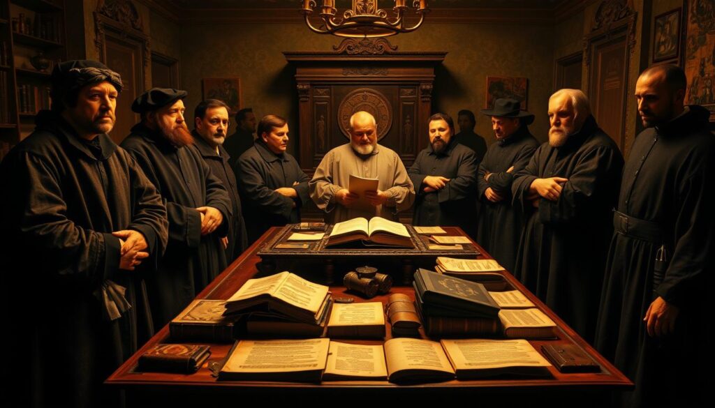 A group portrait of prominent Reformation leaders in a dimly lit, Renaissance-era study. In the foreground, the figures of Martin Luther, John Calvin, and Ulrich Zwingli stand resolute, their expressions reflecting the gravity and importance of their ideas. Behind them, a large, ornate desk serves as the centerpiece, scattered with theological texts and manuscripts. The middle ground features Philip Melanchthon and Thomas Cranmer, engaged in deep discussion, while in the background, the shadowy silhouettes of other influential reformers can be seen, creating a sense of a pivotal moment in history. Warm, golden lighting casts a reverent glow, emphasizing the weight of their contributions to the birth of Protestantism.
