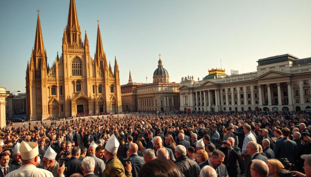 A large cathedral dominates the foreground, its towering spires and ornate architecture casting a long shadow over a bustling city square. In the middle ground, a crowd of people, some dressed in traditional religious garb, others in suits and ties, engage in heated debate. Reporters with cameras and microphones jostle for position, capturing the tension. In the background, government buildings and political offices loom, their windows reflecting the interplay of faith and power. The scene is bathed in a warm, golden light, conveying a sense of reverence and authority. Subtle hints of conflict and compromise suggest the delicate balance between religious influence and political forces.