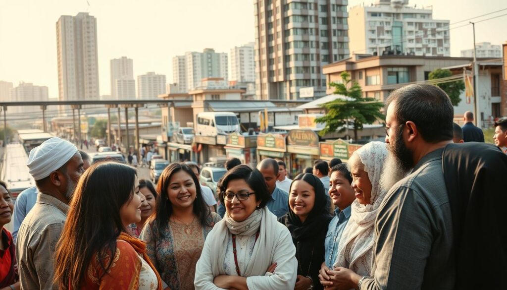 A peaceful gathering of a diverse faith community, set against a backdrop of a thriving urban landscape. In the foreground, a group of people from various backgrounds engage in discussion, their expressions reflecting a sense of shared purpose and economic collaboration. The middle ground features a bustling commercial district, with small businesses and storefronts showcasing the vibrant economic activity of the community. In the background, modern high-rise buildings and infrastructure symbolize the integration of spiritual and economic progress. Warm, diffused lighting creates a welcoming atmosphere, emphasizing the harmonious relationship between faith and economic transformation.
