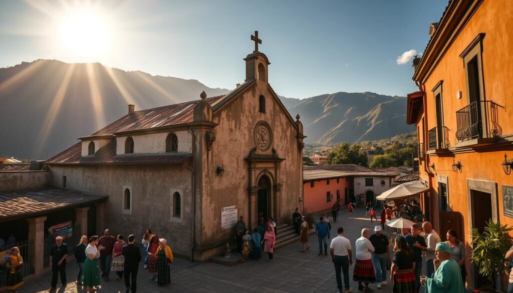 A quaint church nestled in the heart of a Mexican town, its weathered façade adorned with intricate architectural details. The sun casts a warm, golden glow, filtering through the stained-glass windows and casting intricate patterns on the cobblestone streets below. Locals gather in the plaza, their vibrant traditional clothing and lively conversations adding to the lively, communal atmosphere. In the distance, the towering mountains provide a majestic backdrop, hinting at the rich cultural heritage of the region. The scene conveys a sense of reverence, community, and the enduring influence of local traditions, even in the face of changing religious landscapes.