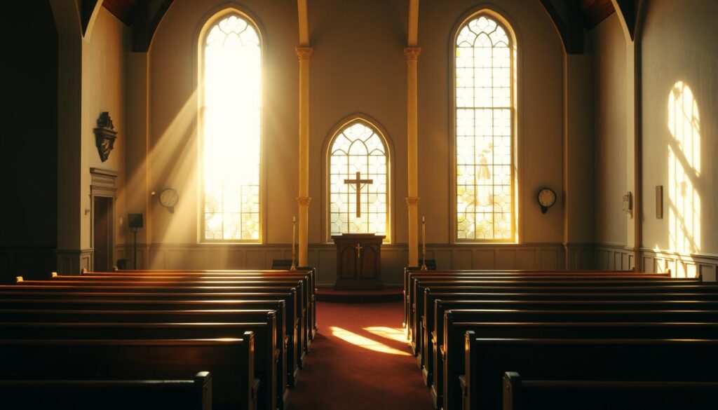 A serene Protestant church interior, bathed in soft, natural light from stained glass windows. Rows of simple wooden pews face a modest pulpit and altar, adorned with a cross and bare of ornate decoration. Sunlight streams through the windows, casting warm, reverent shadows across the space. The atmosphere is one of quiet contemplation and devotion, reflecting the understated, scripture-focused traditions of Protestant worship.