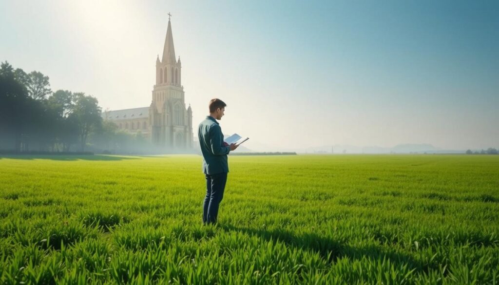 A serene landscape depicts the evolution of freedom of conscience. In the foreground, a figure stands amid a lush meadow, gazing contemplatively at an open book - a symbol of the individual's quest for spiritual understanding. The middle ground features a towering cathedral, its stained glass windows casting a warm, ethereal glow, representing the institutional church's role in shaping religious thought. In the distance, a hazy horizon suggests the ever-expanding boundaries of personal belief, as the figure's shadow stretches across the landscape, signifying the gradual progression towards greater personal autonomy. The scene is illuminated by a soft, diffused light, evoking a sense of tranquility and introspection.