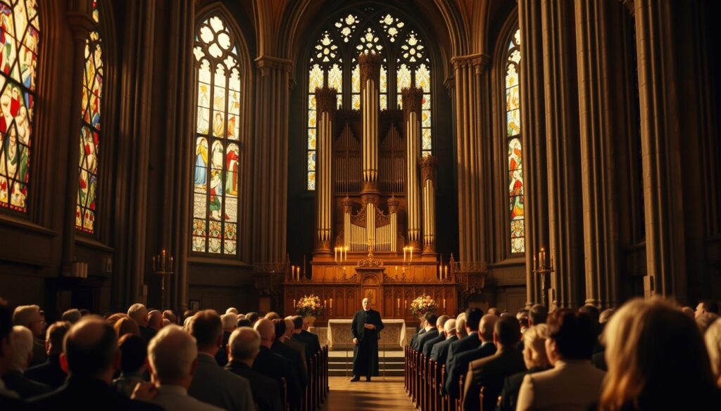 A solemn commemoration of Protestant reformers takes place in a grand cathedral. In the foreground, intricate stained glass windows cast warm, filtered light upon the crowd. In the middle ground, robed figures stand at the altar, delivering a sermon to the pews of worshippers. The backdrop features an ornate pipe organ and towering stone columns, instilling a sense of reverence and historical significance. The atmosphere is one of reverence and reflection, with a muted color palette and soft, diffuse lighting evoking the solemnity of the occasion.