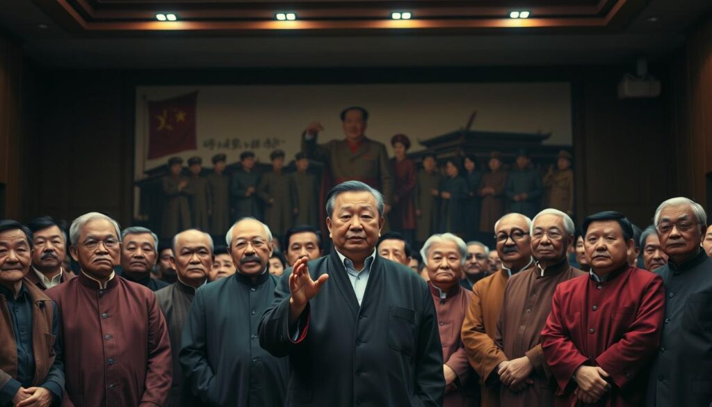 A solemn gathering of Chinese Protestant church leaders, standing united in a dimly lit auditorium, their faces etched with determination. In the foreground, a central figure gestures emphatically, surrounded by a circle of elders in traditional robes. Behind them, the backdrop depicts a faded mural of Chinese nationalist iconography, hinting at the political tensions underlying the "Three-Self Patriotic Movement." The scene is illuminated by warm, muted lighting, capturing the gravity and significance of this pivotal moment in China's religious and political history.