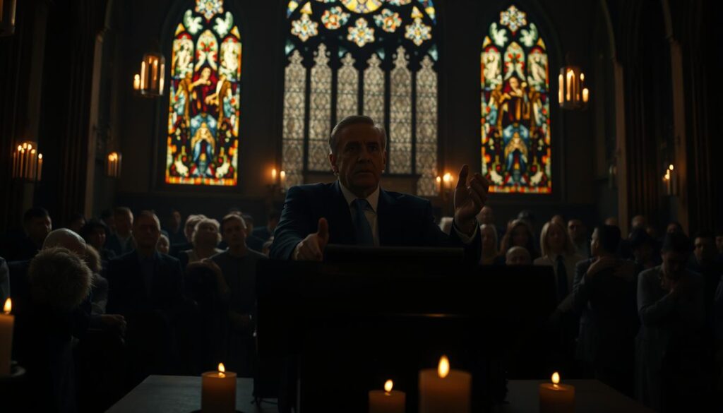 A somber church interior, dimly lit by flickering candles. In the pulpit, a stern-faced preacher gestures emphatically, their face cast in shadow, conveying a message of guilt and judgment. The congregation, rendered in muted tones, sit with bowed heads, expressions of anguish and contrition. The stained-glass windows cast an ominous glow, reinforcing the heavy, oppressive atmosphere. A low-angle perspective heightens the authoritative presence of the preacher, while the use of a wide-angle lens emphasizes the overwhelming scale of the church and the crushing weight of the message. The scene evokes a sense of spiritual unease and the burden of unforgiving doctrine.