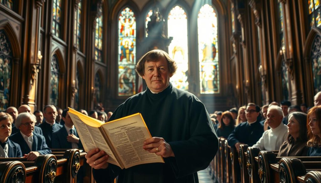 A stately church interior, sunlight streaming through stained glass windows, casting a warm glow on the ornate pulpit and pews. In the center, Martin Luther stands resolute, his brow furrowed in deep contemplation as he holds the famous "95 Theses" document, its pages illuminated by the divine light. Surrounding him, a crowd of scholars and clergy, their faces etched with a mix of fascination and trepidation, bear witness to this pivotal moment in the Reformation. The air is thick with the weight of history, a tension palpable as the impact of Luther's bold act reverberates through the ages.