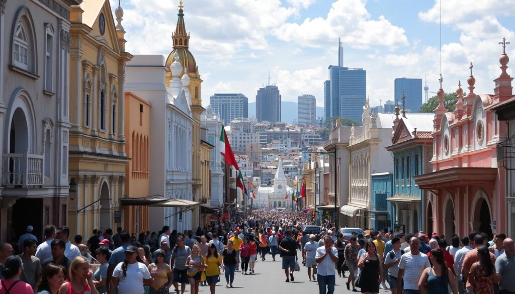 A sun-drenched street in a bustling Latin American city, lined with vibrant churches of diverse architectural styles - from colonial cathedrals to modern megachurches. In the foreground, people of all ages gather outside, engaged in lively discussions and community activities. The middle ground features a mix of traditional religious processions and contemporary praise and worship services. In the background, a skyline of skyscrapers and satellite dishes hints at the rapid socioeconomic changes transforming the region. The scene conveys a sense of spiritual dynamism, as Protestantism continues to reshape the religious landscape of Latin America.