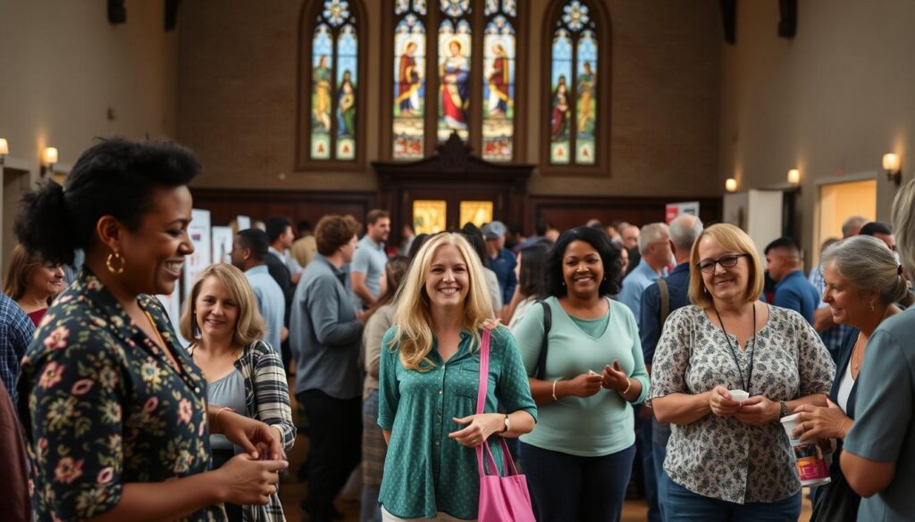 A vibrant community gathering, a church's outreach event unfolds. In the foreground, friendly faces warmly greet visitors, inviting them to explore booths showcasing local resources and volunteer opportunities. The middle ground bustles with families and neighbors mingling, sharing laughter and conversation over refreshments. In the background, the church's stately facade serves as a welcoming backdrop, its stained-glass windows casting a soft, reverent glow. Soft, diffused lighting creates an atmosphere of inclusivity and fellowship, as the event seamlessly blends the sacred and the secular, fostering a sense of unity and belonging within the community.