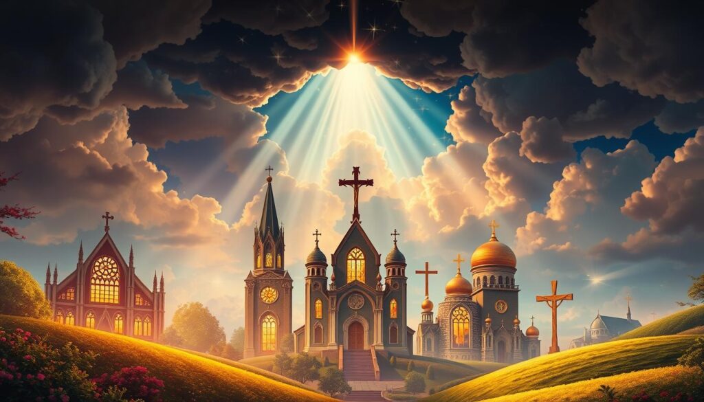 A vibrant, highly detailed illustration comparing the core beliefs and symbols of various Christian denominations. In the foreground, a lush, ethereal landscape with glowing stained glass windows representing different church architectures. In the middle ground, detailed icons, crosses, and religious symbols from Catholicism, Protestantism, Eastern Orthodoxy, and other traditions, arranged in an elegant, balanced composition. In the background, a dramatic sky with shafts of celestial light illuminating the scene, creating a sense of reverence and divine inspiration. The lighting is warm and soft, with a sense of reverence and contemplation. The overall mood is one of unity, diversity, and spiritual enlightenment.