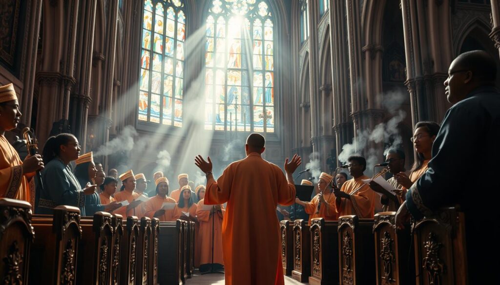 A vibrant tapestry of ancient Amharic chants and modern melodies, with a choir of robed figures harmonizing beneath a cathedral's stained glass windows. Sunlight streams through, casting a warm glow on the intricately carved wooden pews and the swirling incense. In the foreground, a lone singer steps forward, hands raised, leading the congregation in a soulful, time-honored mezmur. The middle ground reveals the evolution of this sacred tradition, with younger musicians blending traditional instruments and rhythms with contemporary elements. The background showcases the grandeur of the church's architecture, its towering spires and ornate facade hinting at the deep roots and enduring legacy of this Ethiopian Christian musical heritage.