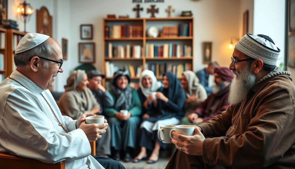 A warm, inviting interfaith gathering where members of different religious traditions share a lighthearted moment. In the foreground, a Catholic priest, a Jewish rabbi, and a Muslim imam exchange cheerful banter over cups of coffee, their expressions radiating good-natured humor. In the middle ground, a diverse group of believers from various faiths sit together, engaged in animated conversation, their laughter and camaraderie filling the air. The background depicts a cozy, well-lit setting, with bookshelves and religious artifacts creating a sense of intellectual and spiritual harmony. Soft, diffused lighting casts a welcoming glow, enhancing the mood of ecumenical fellowship and interfaith understanding.