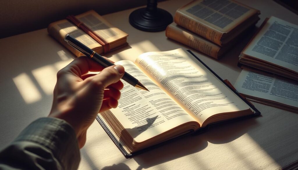 A well-lit study table with an open Bible, ancient scrolls, and scholarly tomes. Intricate patterns of light and shadow play across the pages, highlighting the nuances of theological discourse. In the foreground, a hand holds a pen, poised to analyze and reconcile the perceived contradictions within the sacred text. The background is a soft, muted palette, drawing the viewer's focus to the intellectual inquiry at hand. The scene conveys a sense of contemplation, as the scholar seeks to harmonize faith and reason.