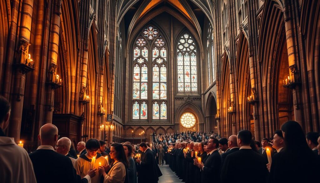 An ancient cathedral stands tall, its Gothic spires reaching skyward. In the foreground, worshippers in traditional robes gather in solemn procession, candles flickering in their hands. The middle ground reveals intricate stained-glass windows casting a kaleidoscope of colored light upon the ornate stone walls. In the background, a crowd of people spills out from the church's grand archways, their faces alight with fervent devotion. The scene is bathed in a warm, reverent glow, evoking the historical origins of Protestant worship and the enduring spirit of faith.