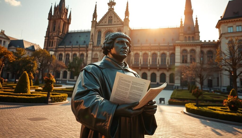 An imposing bronze statue of Martin Luther stands in a public square, his 95 Theses clutched firmly in his outstretched hand. The scene is bathed in warm, golden light, casting dramatic shadows that highlight the determination on Luther's face. In the background, a grand cathedral looms, its ornate architecture a testament to the power of the Catholic Church he sought to challenge. The cobblestone pavement and manicured gardens evoke a sense of historical significance, as if this moment marks the beginning of a profound religious and social revolution. The composition is balanced, with Luther's figure commanding the foreground, while the cathedral and its surrounding environment provide a rich, contextual backdrop. The overall atmosphere conveys the gravity and importance of this pivotal moment in the history of Protestantism.