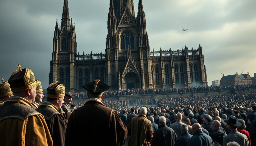 An imposing cathedral stands tall, its Gothic architecture a testament to the power and influence of religious institutions. In the foreground, a group of men in ornate robes and hats gather, engaged in deep discussion. Their faces reflect the weight of their decisions, as they navigate the complex alliances and shifting allegiances of the Protestant Reformation. The middle ground is a chaotic scene, with crowds of people gathered, some kneeling in prayer, others engaged in heated debate. The background is a muted palette of grays and blues, suggesting the turbulent times and the uneasy balance between church and state. The lighting is dramatic, casting long shadows and highlighting the tension in the air. This image captures the evolution of the Protestant League, a pivotal moment in the history of religion and politics.
