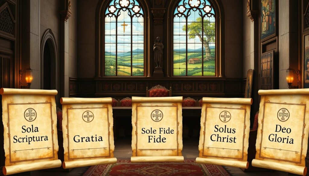 Five solas principles of Protestantism, depicted in a classical oil painting style. In the foreground, five illuminated sola symbols - Sola Scriptura, Sola Gratia, Sola Fide, Solus Christus, and Soli Deo Gloria - each displayed on a separate parchment scroll, arranged in a symmetrical composition. The middle ground features a detailed Renaissance-inspired interior setting, with ornate architectural elements, rich fabrics, and a warm, diffused lighting. In the background, a large stained-glass window depicting a serene, pastoral landscape, symbolizing the connection between the spiritual and the natural world. The overall mood is contemplative, reverent, and evocative of the foundational principles of Protestantism.
