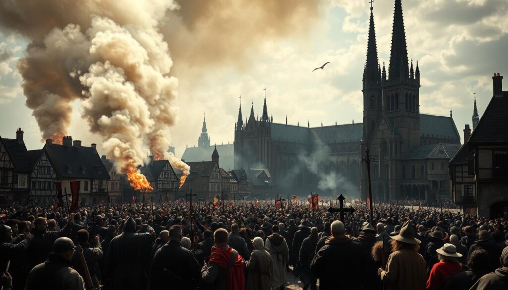 Münster, 16th century. A medieval city under the grip of radical religious fervor. In the foreground, a mob of zealots gather in the town square, brandishing weapons and religious symbols. Smoke billows from burning buildings in the middle distance, while in the background, the imposing spires of the city's cathedral loom ominously. Harsh, angled lighting casts dramatic shadows, conveying a sense of unease and turmoil. The scene is one of religious fanaticism, civil unrest, and the violent overthrow of traditional authority, reflecting the radical theocratic experiment that gripped this German city during a tumultuous period of the Reformation.