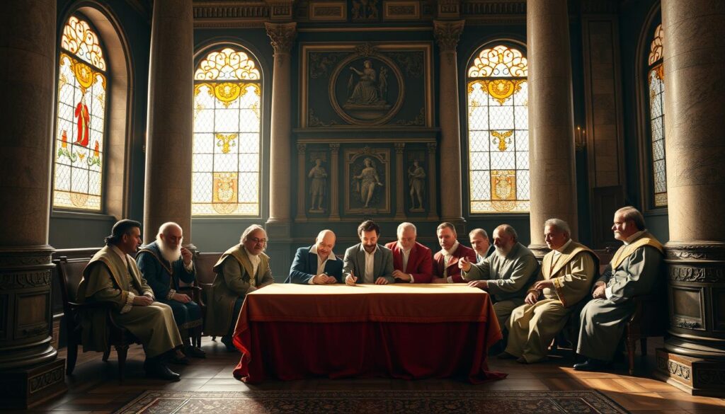 Stately chamber, ornate furnishings, stained glass windows casting warm light. In the center, a table draped in rich fabric, surrounded by solemn-faced men in formal attire, signing a parchment document - the Protestant Union treaty. Tension palpable in the air, as this pivotal moment in history unfolds. Imposing stone columns frame the scene, conveying a sense of gravity and significance. Soft chiaroscuro lighting highlights the faces and hands of the signatories, creating an atmosphere of solemnity and purpose. A momentous occasion captured in intricate detail, a visual testament to the birth of the Protestant Union.