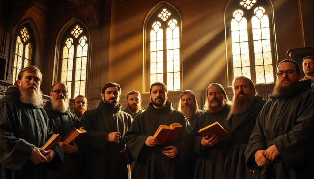 a group of protestant reformers in the 16th century, standing tall and resolute, with determination etched on their faces. They are dressed in the austere, somber attire of the time, positioned in a dimly lit, wood-paneled study, surrounded by heavy tomes and scrolls. Beams of warm, golden light filter in through tall, leaded windows, casting a dramatic, chiaroscuro effect. The reformers' gazes are fixed, as if deep in theological discourse, the weight of their mission palpable in the air. The scene evokes a sense of intellectual rigor, moral conviction, and the pivotal historical moment that would reshape the religious landscape of Europe.