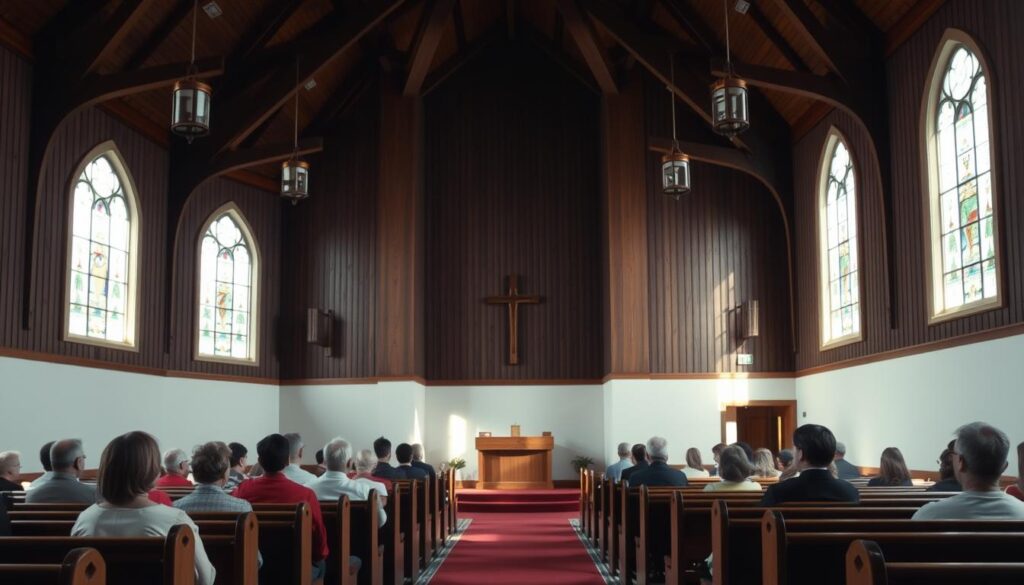 a serene Protestant church interior with wooden pews, soft natural lighting filtering through stained glass windows, a simple wooden pulpit and altar at the front, congregants in reverent contemplation during a Sunday morning service, a sense of quiet devotion and community filling the sacred space
