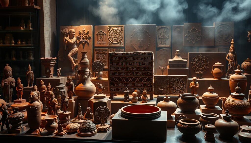 A beautifully curated scene of ancient Indus Valley artifacts, illuminated by soft, warm lighting that casts a gentle glow across the intricate terracotta figurines, seals, and decorative pottery. In the foreground, a collection of meticulously crafted objects showcases the sophisticated artistry and engineering prowess of this long-lost civilization. The middle ground features an array of geometric patterns and symbolic motifs etched into stone tablets, hinting at the profound spiritual beliefs that underpinned their culture. In the background, a subtle mist shrouds the scene, creating a sense of timelessness and mystery, inviting the viewer to ponder the enduring legacy of the Indus Valley people and their influence on the foundations of Hinduism.