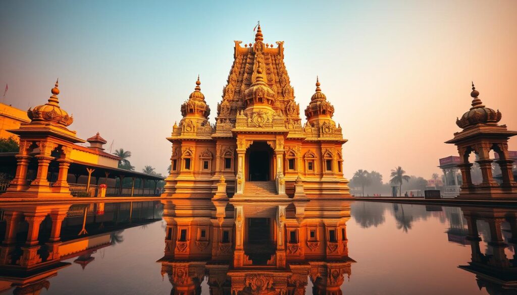 A breathtaking Hindu temple architecture, bathed in warm, golden light. The intricate carvings and ornate spires reaching skyward, each detail imbued with symbolic meaning - from the lotus motifs to the mythical creatures that adorn the façade. The temple stands majestically, its towering presence commanding reverence and wonder. In the foreground, a serene reflection pools the temple's image, creating a mesmerizing mirrored effect. The background subtly fades into a hazy, ethereal landscape, accentuating the sacred, timeless essence of this architectural masterpiece. Captured through a wide-angle lens, the image conveys the grandeur and spiritual significance of Hindu temple design.