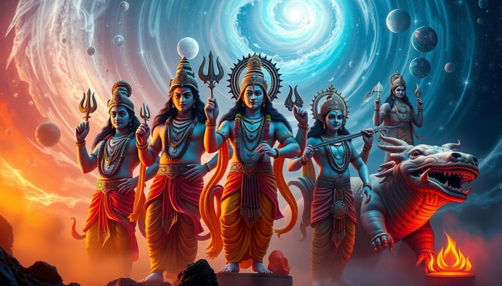 A breathtaking scene of Hindu deities and avatars, captured in a vibrant, ethereal light. In the foreground, the powerful forms of Lord Shiva, Vishnu, and Brahma stand tall, their intricate features and ornate adornments meticulously rendered. In the middle ground, the avatars of Vishnu - Krishna, Rama, and Narasimha - are depicted in dynamic poses, radiating divine energy. The background is a swirling, cosmic landscape, with celestial bodies and mystic symbols filling the frame, creating a sense of otherworldly grandeur. The lighting is a soft, ambient glow, casting a serene and reverent atmosphere, inviting the viewer to bask in the majesty of these divine manifestations.