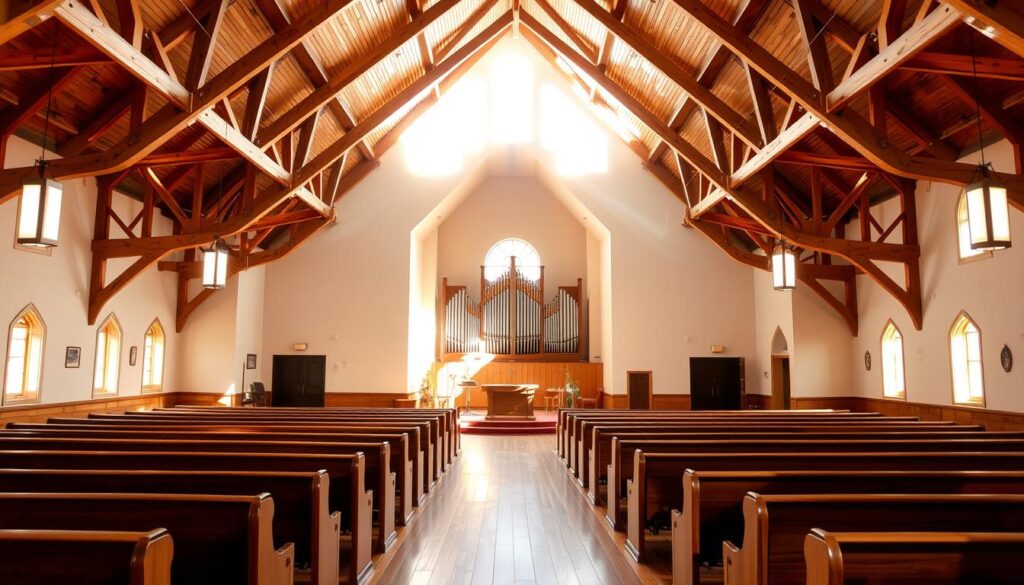 A bright, airy Protestant church interior with a warm, welcoming ambiance. The spacious sanctuary features pews arranged in a semicircular layout, facing a central pulpit and communion table illuminated by natural light streaming through large windows. Intricate wooden beams and trusses adorn the high ceiling, casting a soft, diffused glow. The flooring is a mix of rich hardwood and plush carpeting, creating a comfortable and reverent atmosphere. In the background, a modest pipe organ stands ready to fill the space with the sounds of worship. An overall sense of harmony and balance pervades the scene, inviting congregants to engage in meaningful spiritual reflection.