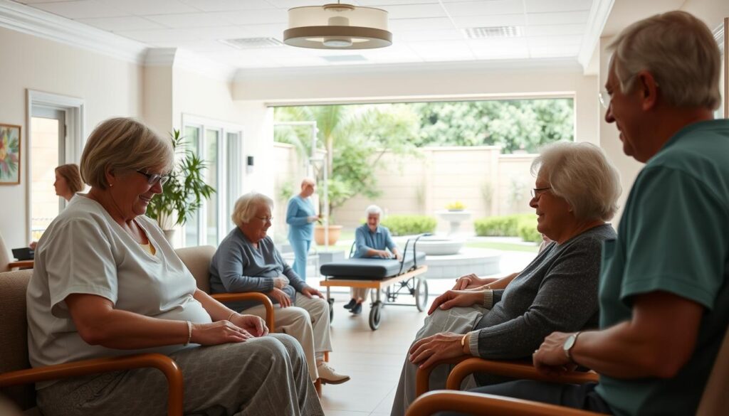 A bright, airy, and inviting skilled nursing care facility, with a warm and welcoming atmosphere. In the foreground, elderly residents are being attended to by compassionate, attentive nurses and caregivers, their faces radiating kindness and care. The middle ground showcases a well-equipped rehabilitation area, with patients engaging in physical therapy exercises overseen by experienced therapists. In the background, a tranquil outdoor courtyard with lush greenery and soothing water features, providing a serene environment for residents to relax and enjoy. The lighting is soft and natural, creating a calming and comforting ambiance throughout the space.