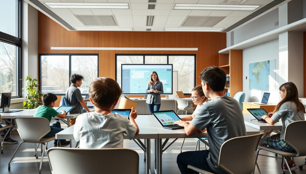 A bright, modern classroom with large windows and natural lighting. In the foreground, students are engaged in collaborative learning, working together on interactive displays and tablets. In the middle ground, the teacher facilitates the lesson, guiding the students through an innovative curriculum. The background features sleek, flexible furniture and cutting-edge educational technology, creating an environment that fosters creativity, critical thinking, and a love of learning.