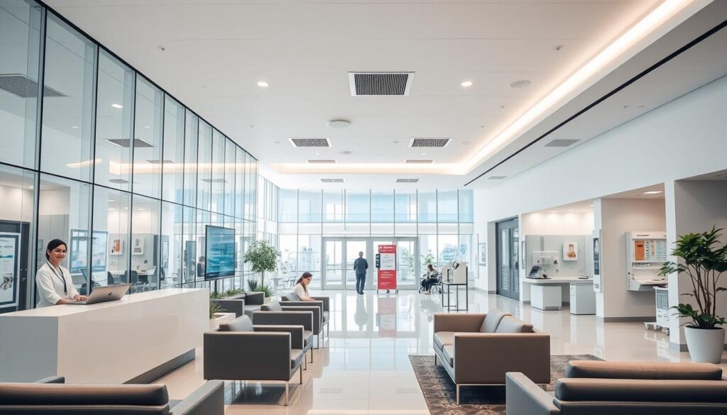 A bright, modern medical center lobby with sleek glass walls and stylish furniture. In the foreground, a welcoming reception desk with smiling staff, ready to assist patients. The middle ground features comfortable seating areas and informative displays showcasing the center's services. The background reveals state-of-the-art medical equipment and an abundance of natural light, creating a calming, efficient atmosphere. Soft, diffused lighting illuminates the space, conveying a sense of professionalism and care. The overall scene exudes a seamless blend of convenience, expertise, and patient-centric design.