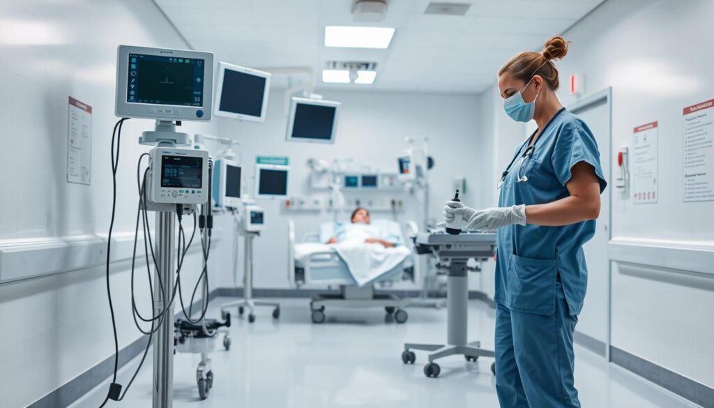 A brightly lit hospital ward, crisp white walls and floors reflecting the sterile ambiance. In the foreground, a nurse in scrubs carefully follows safety protocols, disinfecting medical equipment with precise, measured movements. In the middle ground, a patient rests comfortably in a hospital bed, surrounded by state-of-the-art monitoring devices. The background showcases the hospital's commitment to patient care, with informative posters and signage outlining safety guidelines. Soft, diffused lighting creates a calming, professional atmosphere, emphasizing the hospital's dedication to patient well-being and the implementation of the highest safety standards.