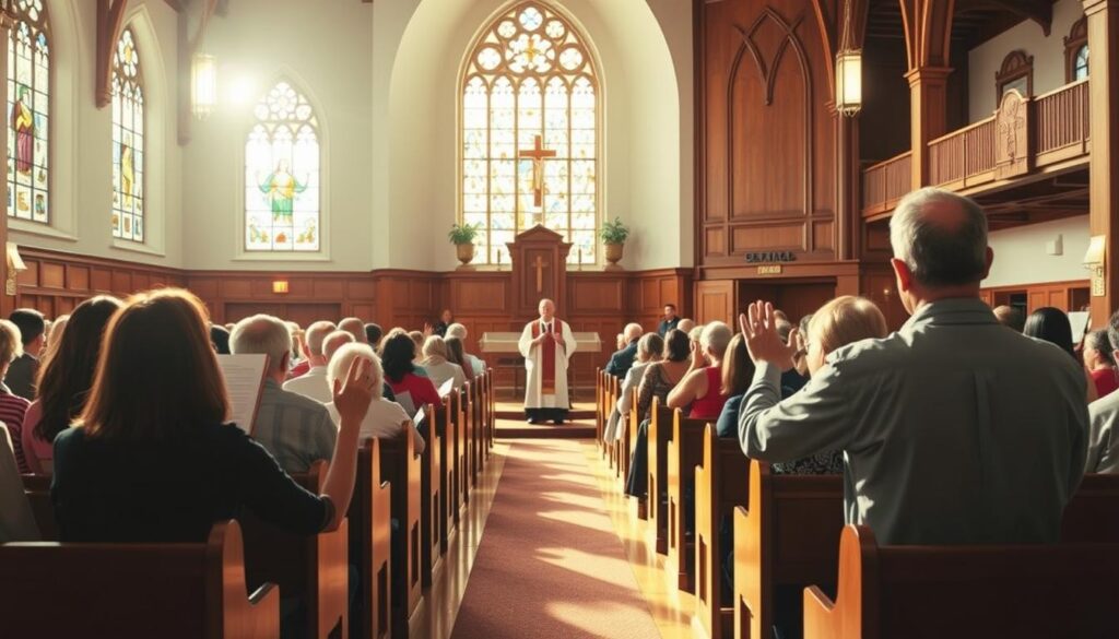 A brightly lit, spacious Lutheran church interior with warm wooden pews and intricate stained glass windows. In the foreground, a bilingual worship service is taking place, with a pastor leading the congregation in both English and a second language, reflecting the diverse community. The middle ground features worshippers of all ages, some holding hymnals, others with hands raised in praise. The background showcases a large, ornate altar and pulpit, creating a sense of reverence and solemnity. The lighting is soft and natural, casting a serene, welcoming atmosphere. The overall scene conveys a harmonious blend of tradition and inclusivity, capturing the essence of the Lutheran Zion Community and its services.