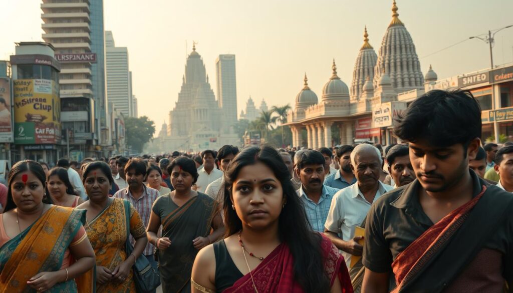 A bustling city street in modern India, people of various castes and backgrounds hurrying about their daily lives. In the foreground, a young Dalit woman faces discrimination and prejudice from a group of higher-caste individuals, their expressions cold and judgmental. In the middle ground, a mix of affluent and impoverished residents, the divide between them stark. In the background, towering skyscrapers and ancient temples coexist, a juxtaposition of old and new, tradition and progress. The scene is bathed in a warm, golden light, hinting at the gradual erosion of caste barriers, yet the stubborn persistence of deeply rooted prejudices. Dramatic, cinematic, and thought-provoking.
