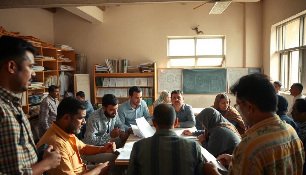 A bustling community center in Egypt, sunlight streaming through large windows. In the foreground, men and women engage in lively discussions, sharing skills and knowledge. In the middle ground, a group gathers around a table, poring over documents and charts. In the background, shelves filled with books and training materials, a chalkboard displaying educational diagrams. The atmosphere is one of collaboration, learning, and empowerment, as the community works together to build capacity and provide social services. The scene is captured with a wide-angle lens, highlighting the vibrant energy and sense of purpose within the space.